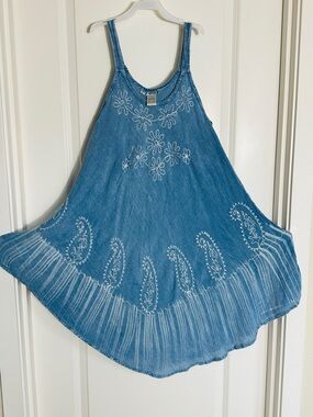 Embroidered Boho‎ Chic Sundress Tie-Dye Border Free Size Coastal Cottagecore